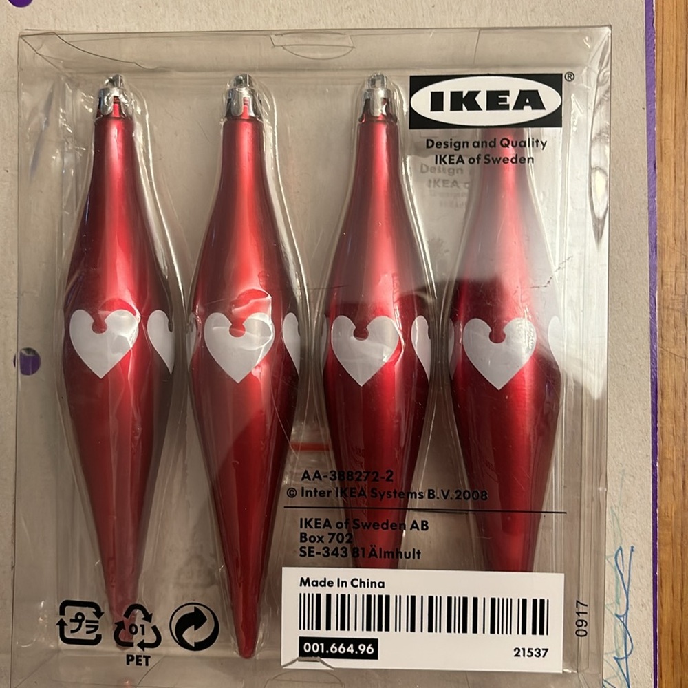 NIP IKEA Christmas/Valentines ornaments. Pack of 4.